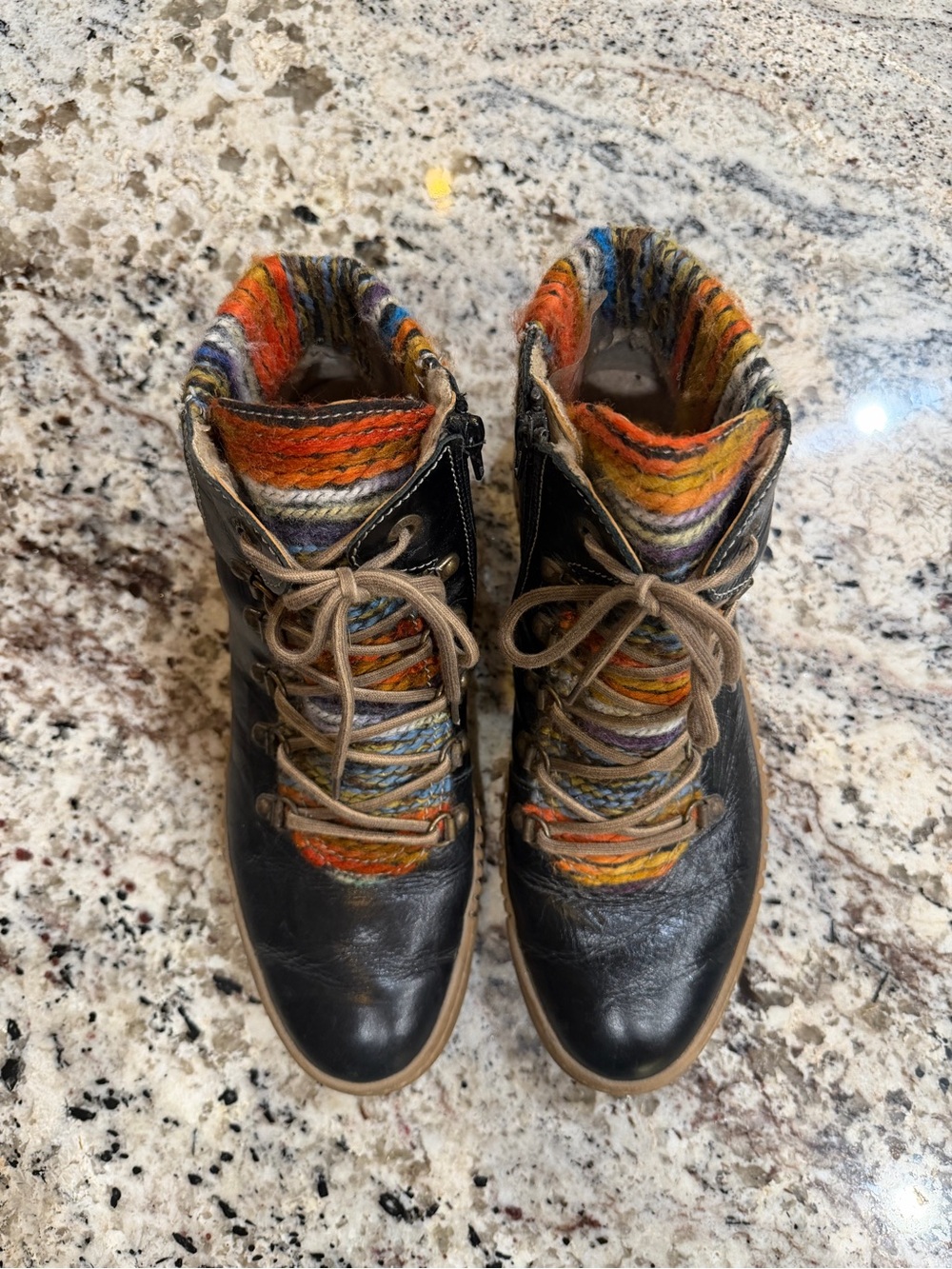 Women’s Josef Seibel Black Leather Lace-Up Boots with Multicolor Knit Collar 41